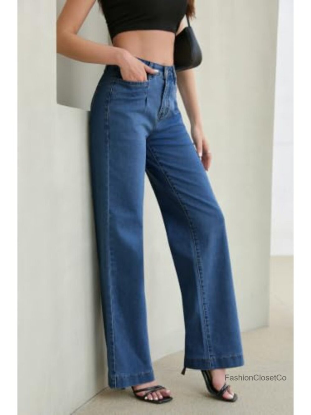 High Waisted Wide Leg Stretchy Jeans Loose Straight Denim Pants Tummy Control - Picture 5 of 6